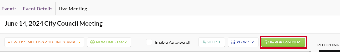 The green, rectangular Import Agenda button to the right of the View menu.