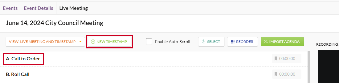 The white, rectangular New Timestamp button to the right of the View menu and an example agenda section in the timestamps list.