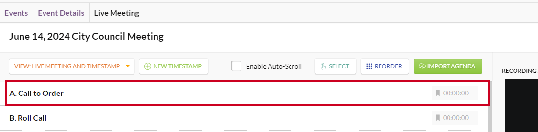 The example agenda section timestamp that was edited and saved previously.
