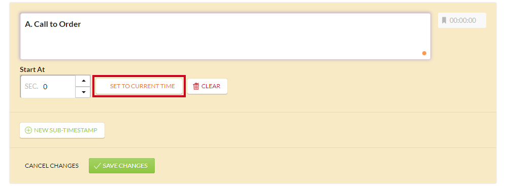 The white, rectangular Set to Current Time button which can be clicked to automatically set the Start At field to the present video play time.