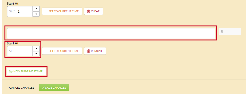 The white, rectangular New Sub-Timestamp button and its related fields below the primary timestamp fields.
