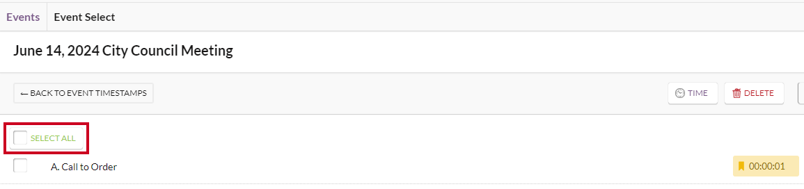 The white, rectangular Select All button that appears below the Back to Event Timestamps button.