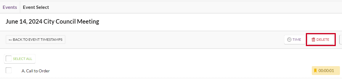 A white, rectangular Delete button to the right of the Back to Event Timestamps and Time buttons.