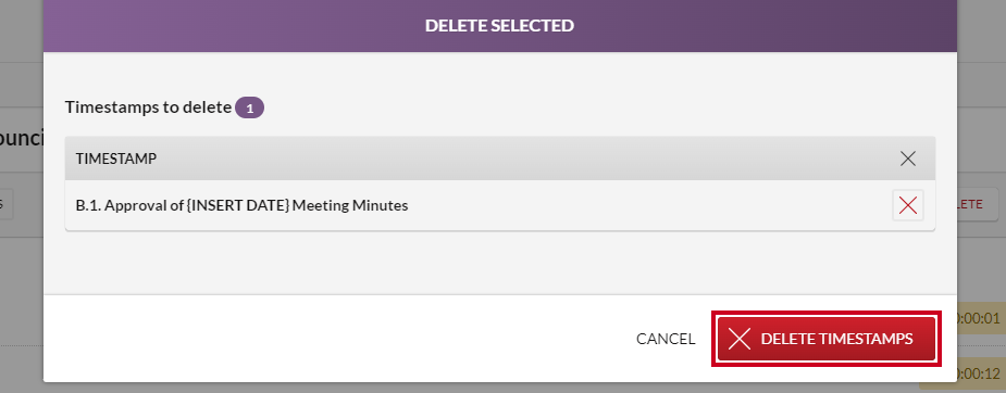 A red, rectangular Delete Timestamps button in the lower-left corner of the Delete Selected dialog box.