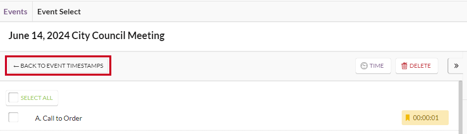 A white, rectangular Back to Event Timestamps button below the meeting name.