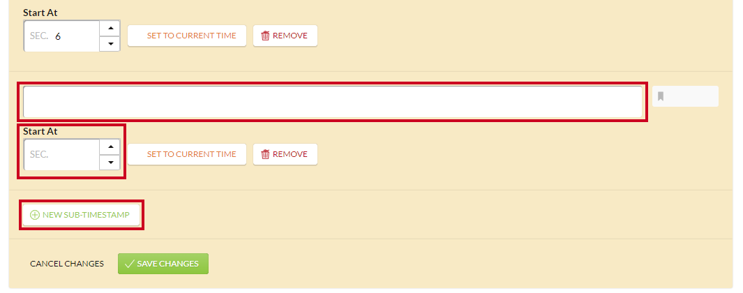The white, rectangular New Sub-Timestamp button and its related fields below the primary timestamp fields.