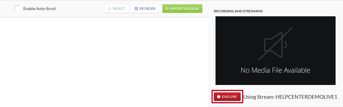 The red, rectangular End Live button which appears below the Media Player.