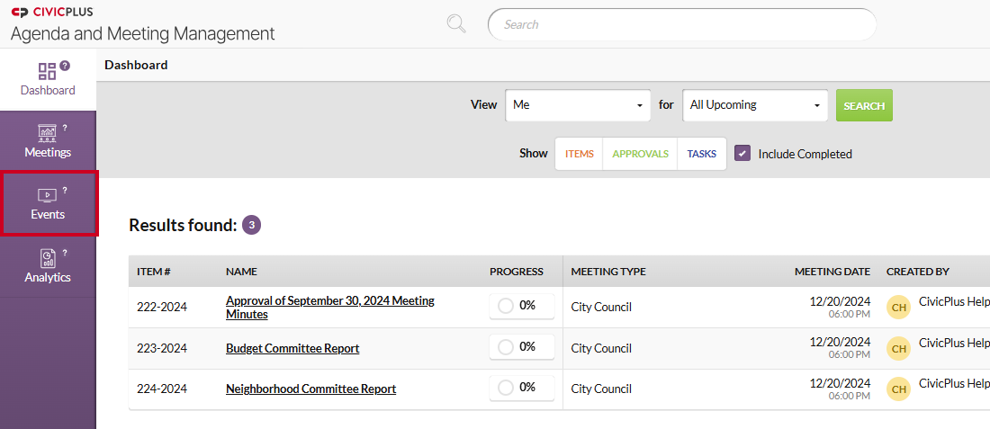 The Events module button in the dashboard's left-hand navigation menu.