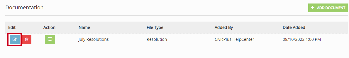 The blue, square Edit button to the left of an example document name on the Documentation page.