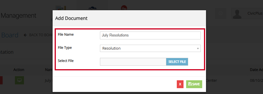 The File Name, File Type, and Select File fields on the Add Document modal.