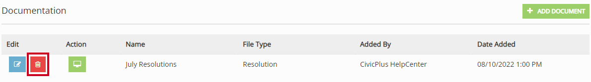 The red, square Delete button to the left of an example document name.