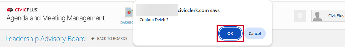 The blue, rectangular OK button on the Confirm delete? popup that appears after you click the Delete button.