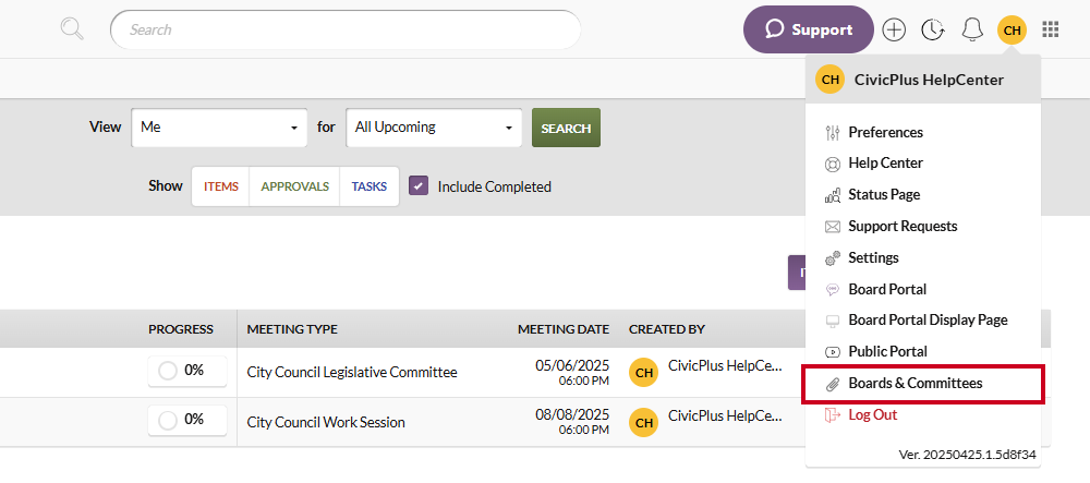 The User Menu with the Boards and Committees option highlighted.