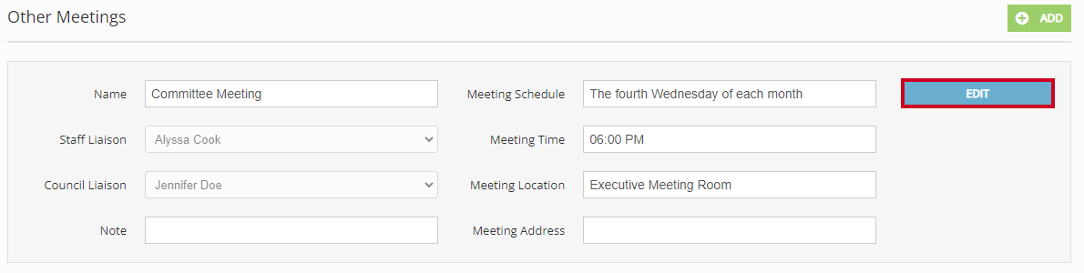 The blue, rectangular Edit button to the right of an example meeting's Other Meetings fields.