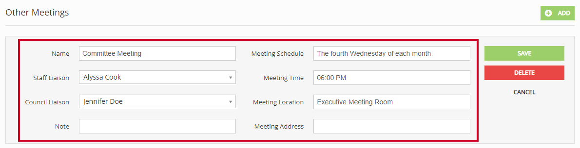 The Other Meetings information fields.