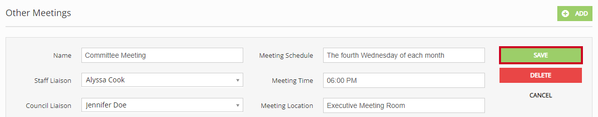 The green, rectangular Save button to the right of the Other Meetings fields.
