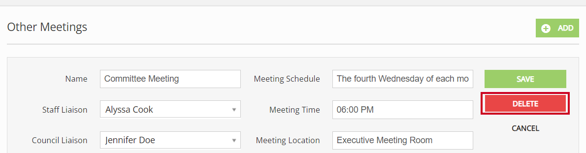The red, rectangular Delete button to the right of the Other Meetings fields.