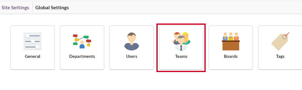 The white, square Teams tile with a people icon on the Global Settings page.