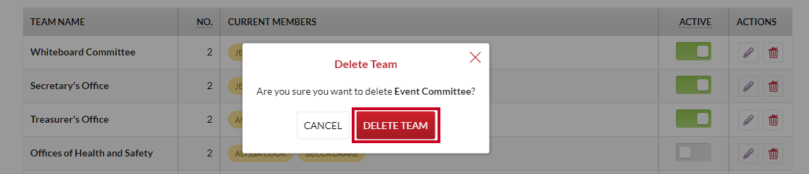 The red, rectangular Delete Team button on the Delete Team confirmation popup.