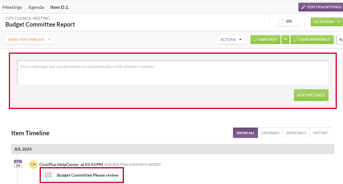 An example Item Timeline page with a message box and team comment.