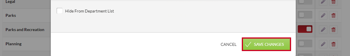 The green, rectangular Save Changes button in the lower-right corner of the Edit Department modal.
