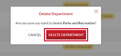 The red, rectangular Delete Department button on the Delete Department confirmation popup.