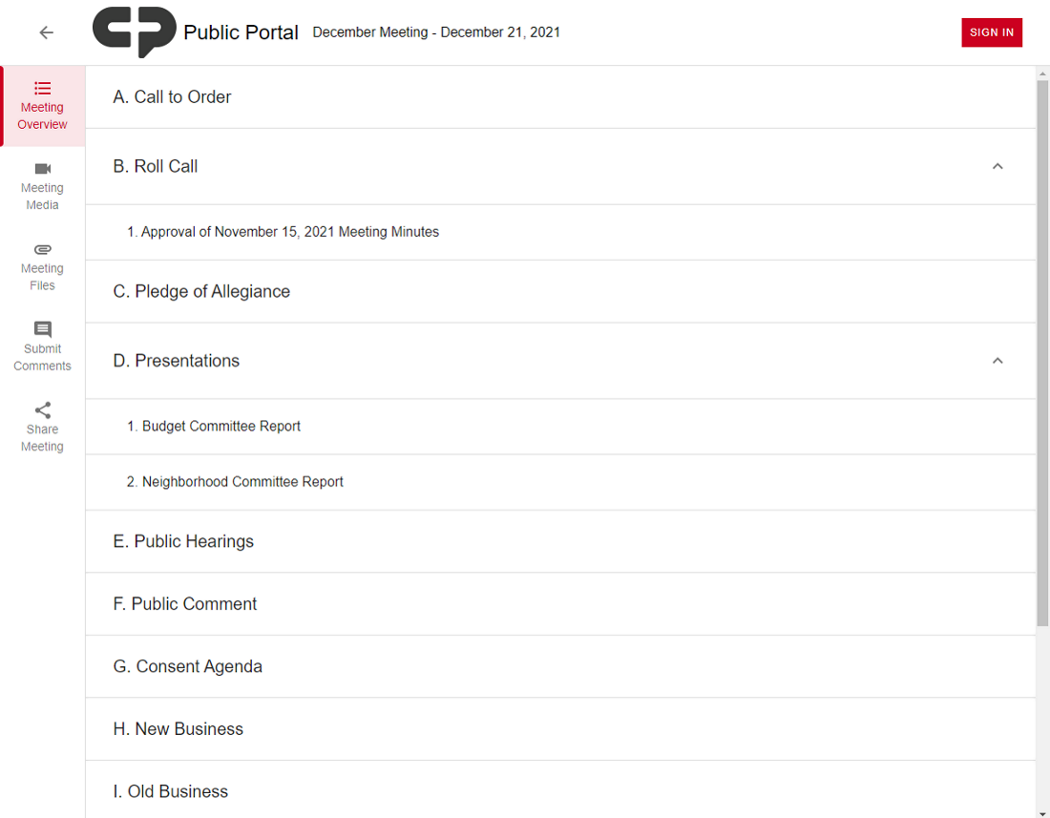 An example agenda on an Agenda and Meeting Management Select Public Portal.