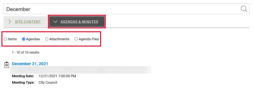 An example Web Central Search Control screen with its Agendas and Minutes tab and resource radio buttons highlighted.
