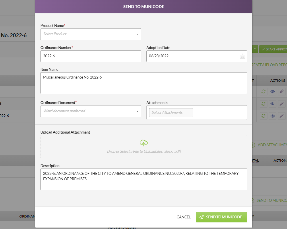 An example Agenda and Meeting Management Select Send to Municode Modal.