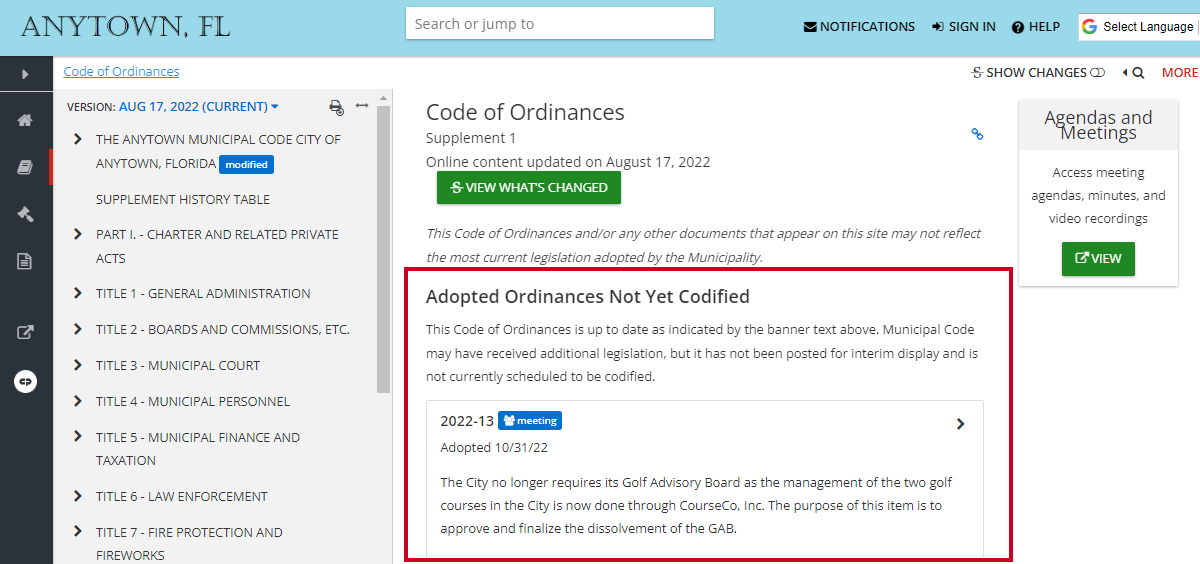 The Adopted Ordinances Not Yet Codified section on an example Code of Ordinances landing page.