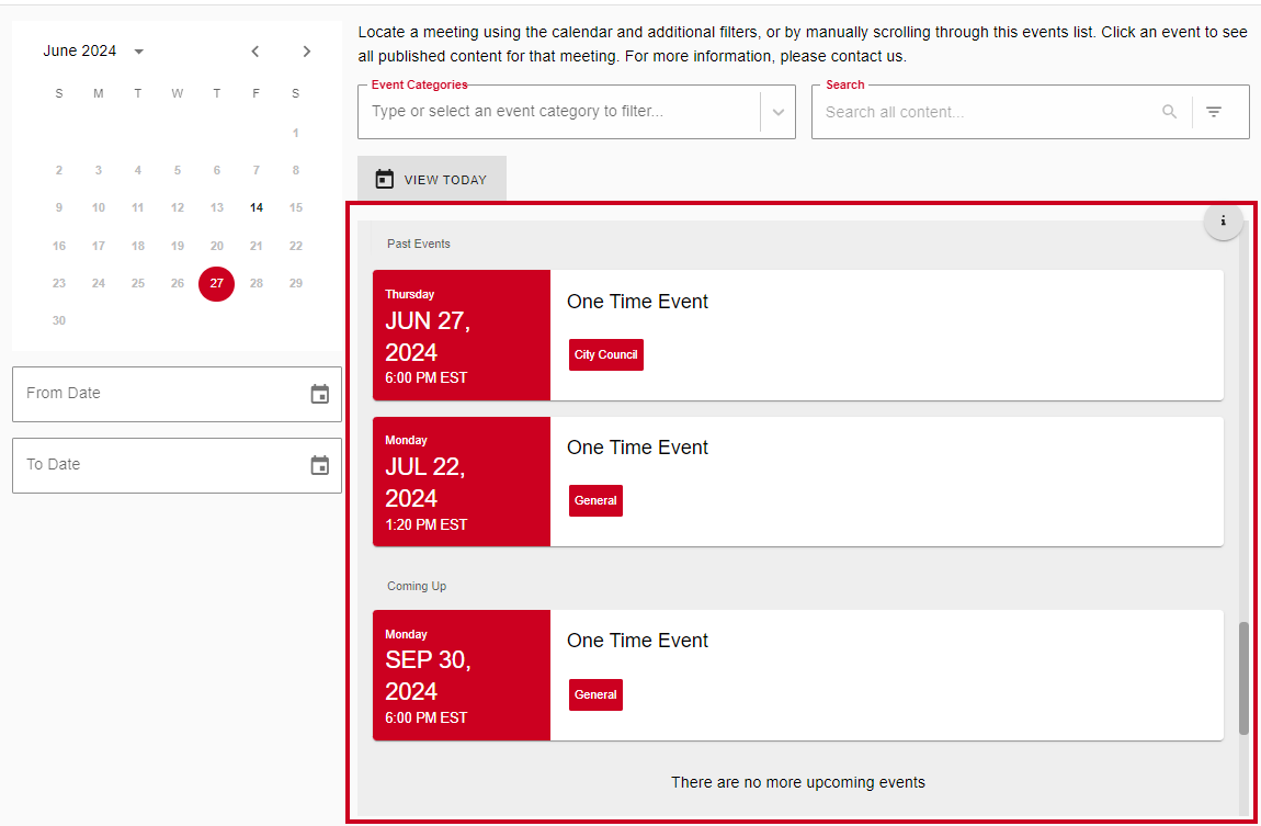 The Events List in the center of the Public Portal homepage.