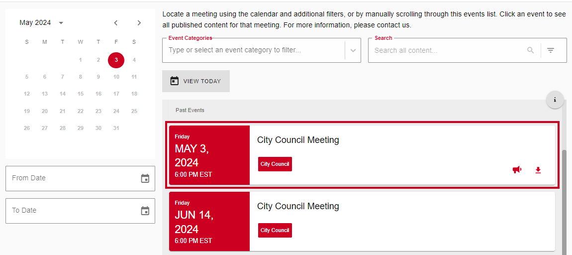 An example meeting in the Events List.