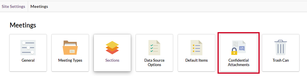 The Confidential Attachments tile with a paper and lock icon on the Meetings Settings page.