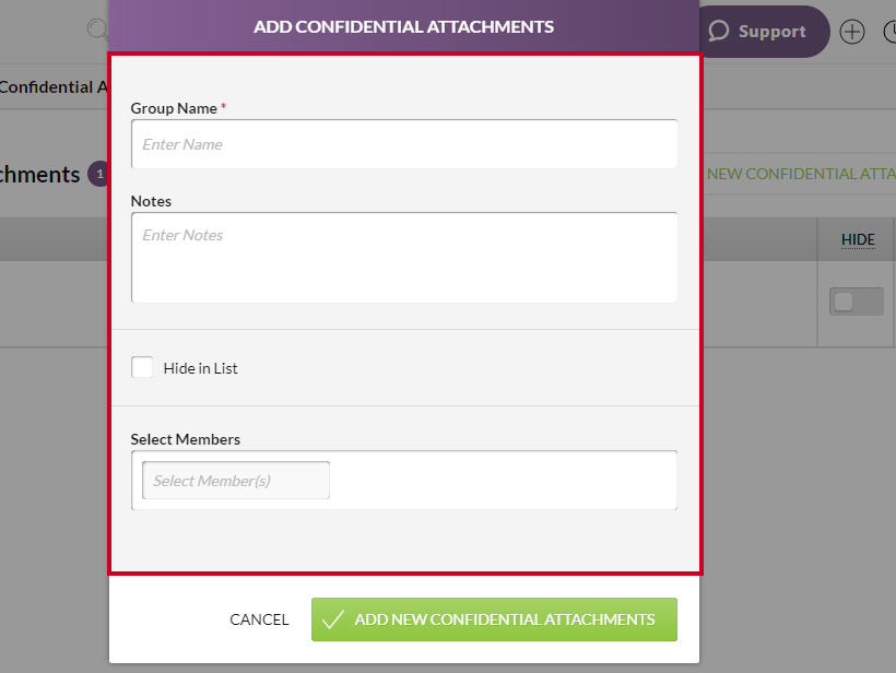 The information fields on the Add Confidential Attachments modal.