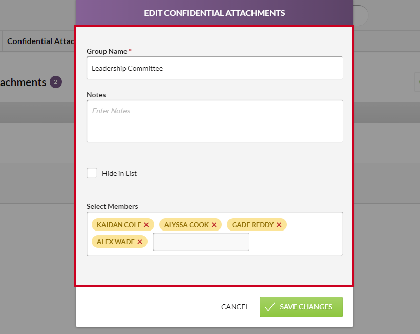 The information fields on the Edit Confidential Attachments modal.