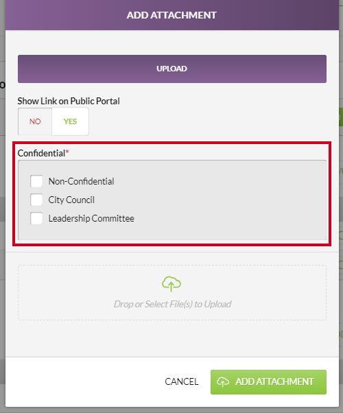 The Non-Confidential and Confidential Attachments groups checkboxes on an example Add Attachment modal.