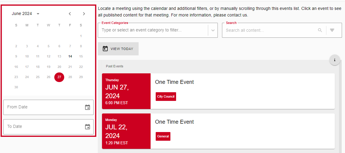 The Mini Calendar in the upper-right corner of the Public Portal homepage.