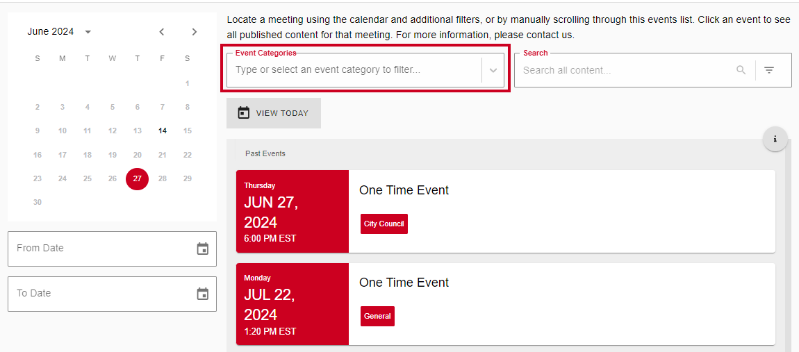 The Event Categories field which appears above the Events List.