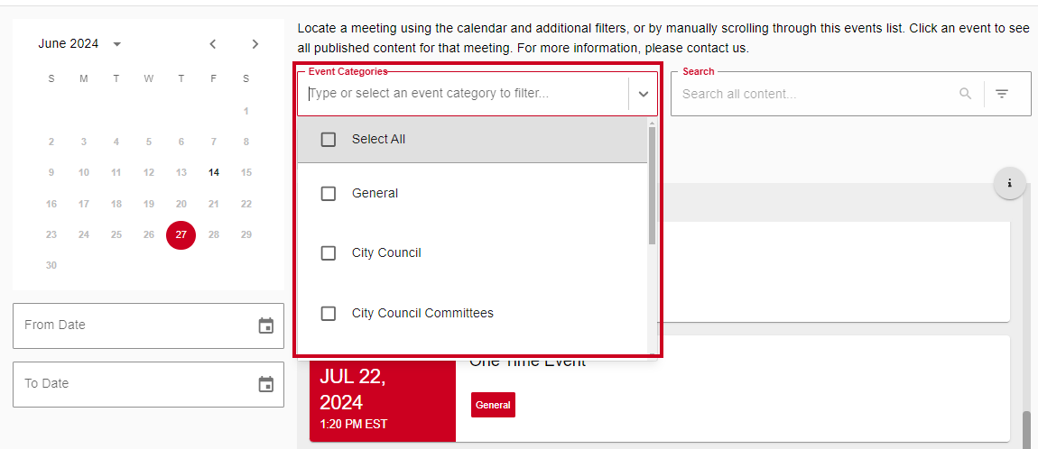 The Event Categories dropdown with various checkbox options.
