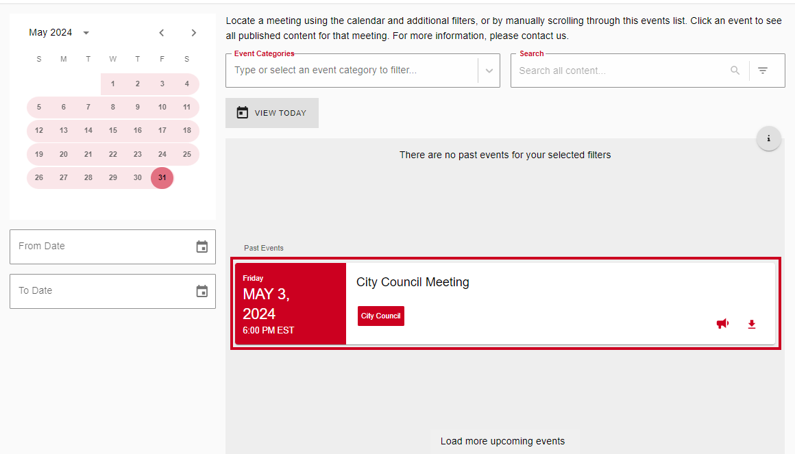 An example meeting in the Events List.