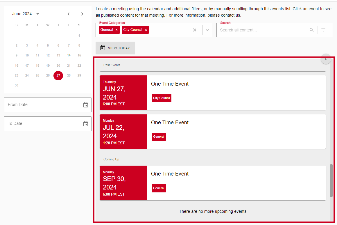 An example list of meetings for the selected Event Categories in the Events List.