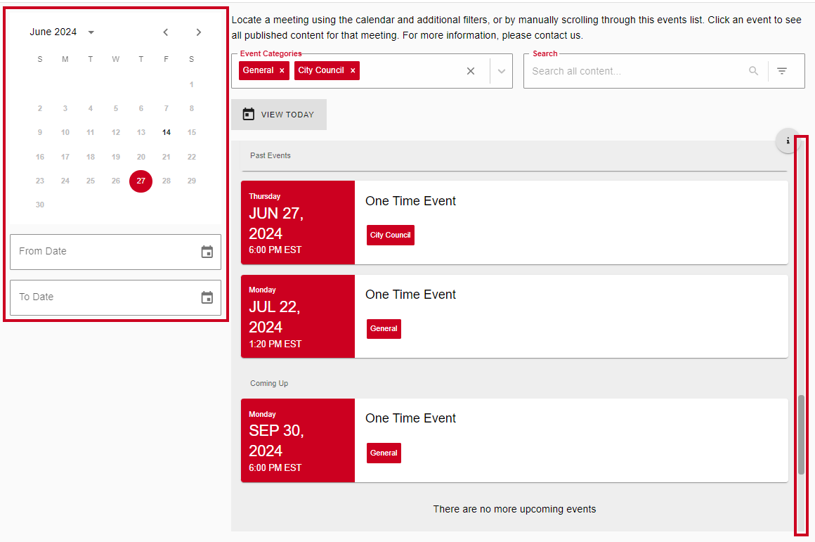 The Public Portal Mini Calendar and the Events List scrollbar.