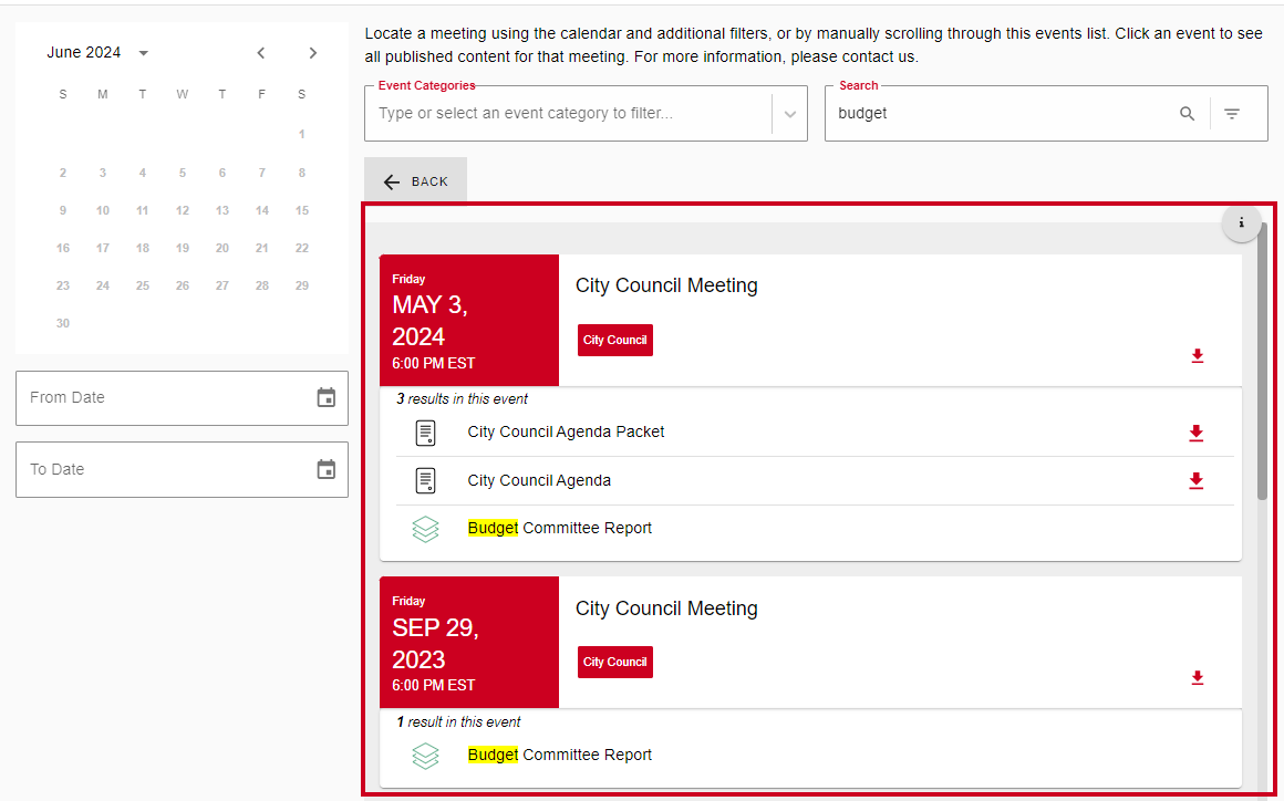 Example search results in the Events List.