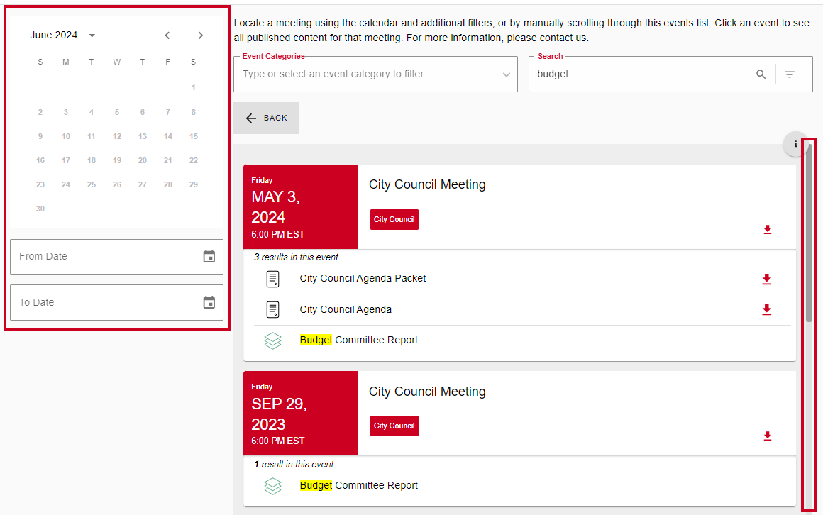 The Public Portal Mini Calendar and the Events List scrollbar.