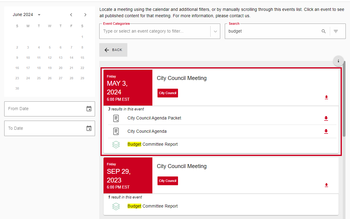 An example search result in the Events List.