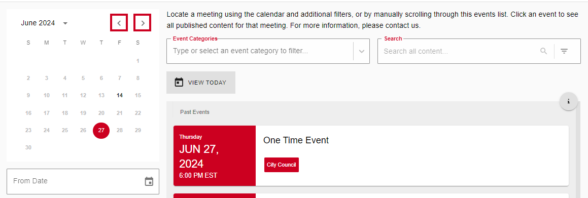 The Previous Month and Next Month arrows in the upper-right corner of the Mini Calendar.