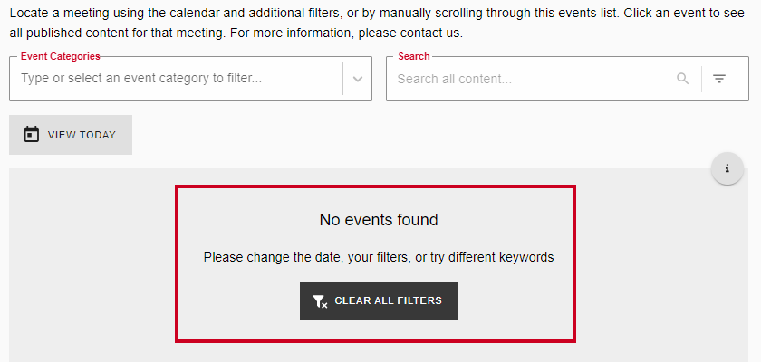 An example 'No events found' message in the Events List.