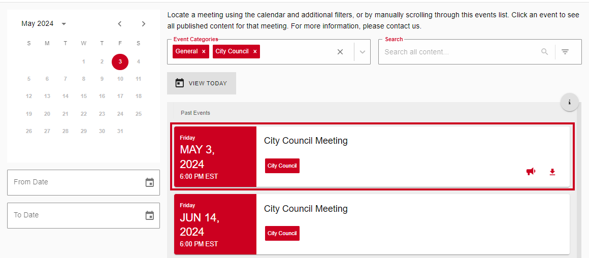 An example meeting in the Events List.