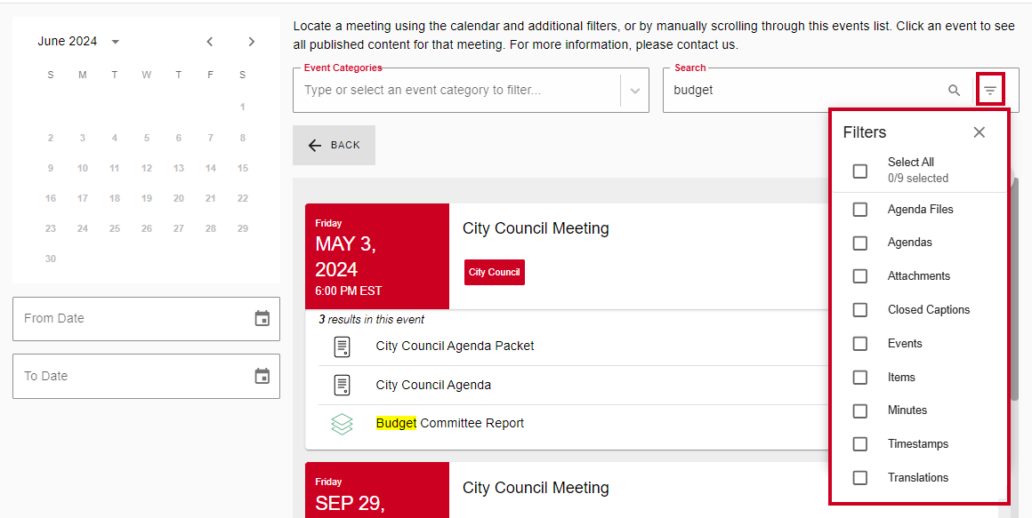 The Search Filters button dropdown with various filter checkboxes.