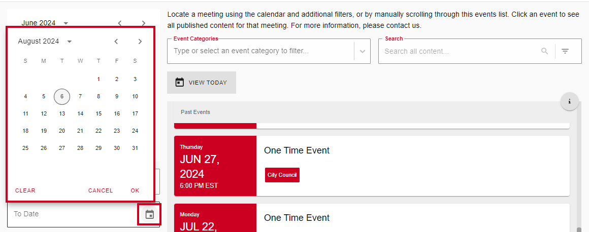 The Mini Calendar From Date field calendar button and dropdown Calendar Picker.
